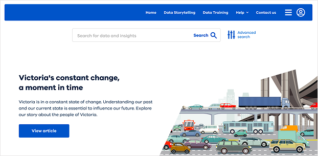 The data storytelling prototype, a “Victoria’s constant change, a moment in time” dashboard with a data search bar and an illustrated cityscape of traffic and infrastructure.
