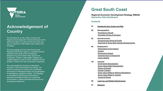 The cover and contents page of the Great South Coast Regional Economic Development Strategy report that the dashboards were built from.